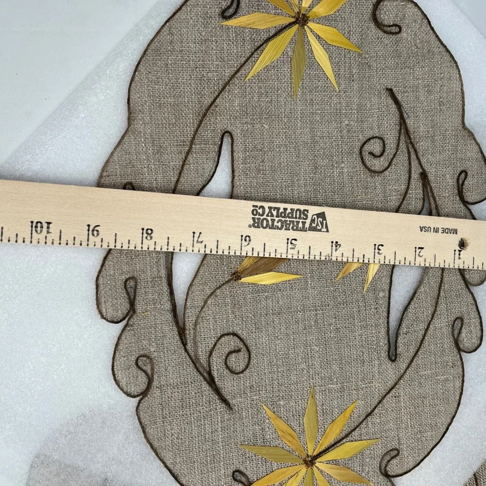 Vintage 7 pc Burlap Placemat Set Bamboo Flower Appliqué Handmade Boho Table Rare